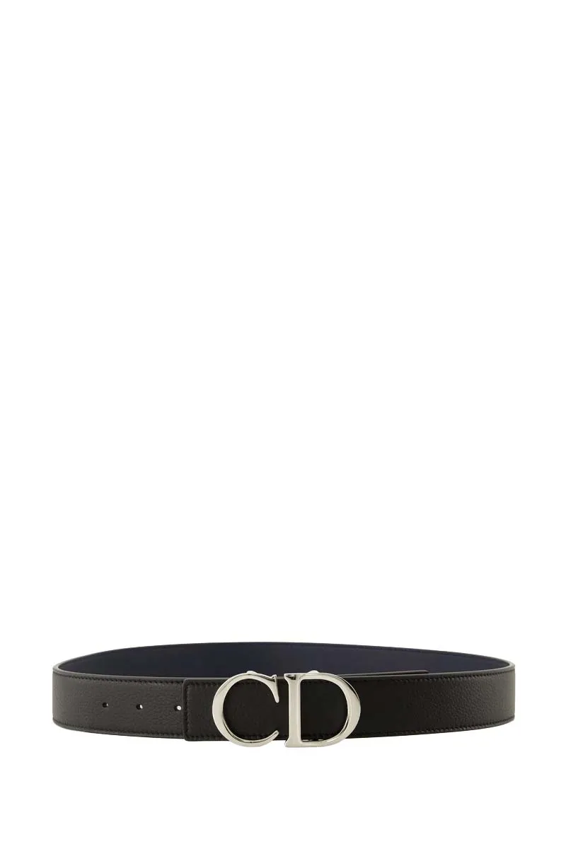 CHRISTIAN DIOR Men Double Side Belt in Black/Dark Blue Grained Calfskin with CD Buckle SHW 0