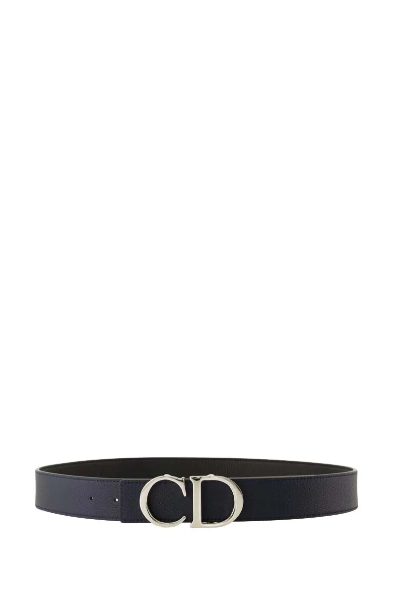 CHRISTIAN DIOR Men Double Side Belt in Black/Dark Blue Grained Calfskin with CD Buckle SHW 1