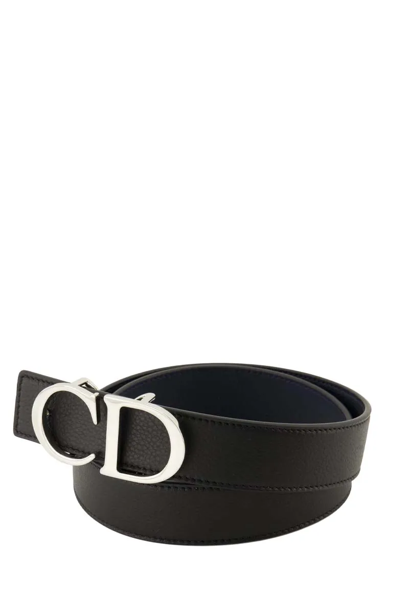 CHRISTIAN DIOR Men Double Side Belt in Black/Dark Blue Grained Calfskin with CD Buckle SHW 2
