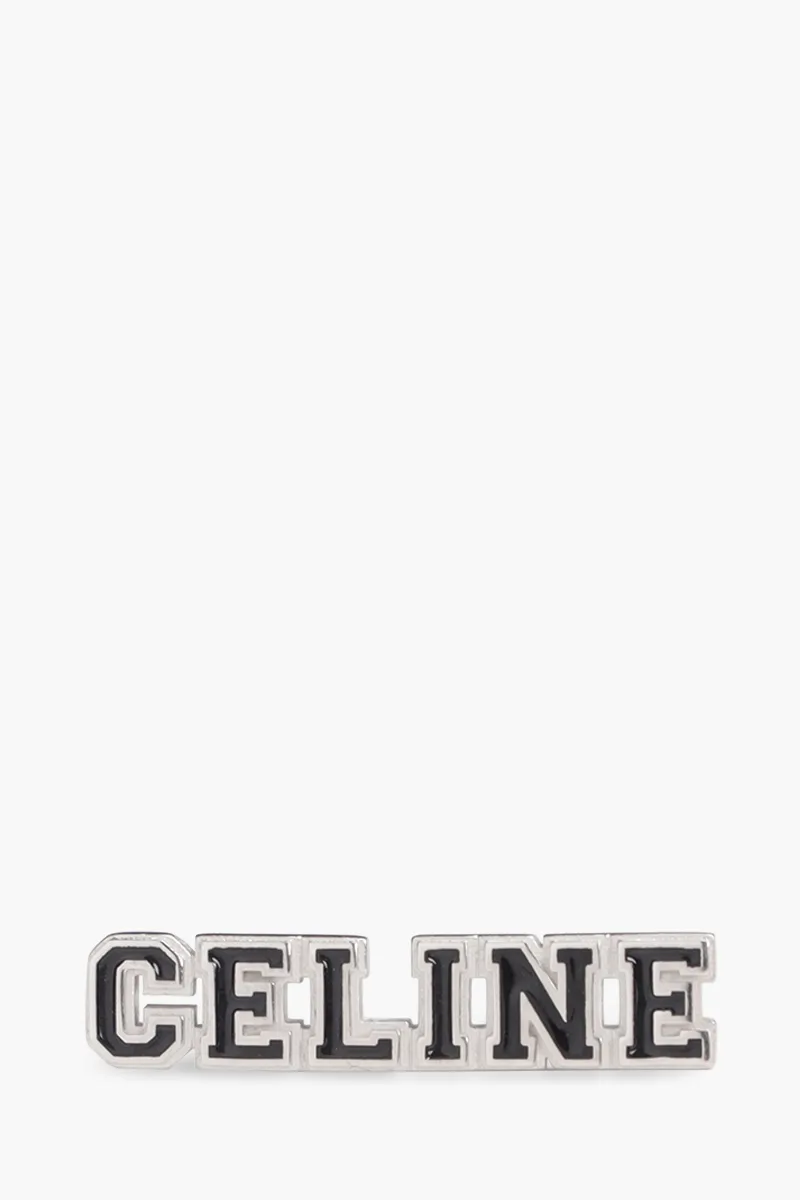 CELINE Logo Universe Pin in Black/Silver with Rhodium Finish x Enamel 2