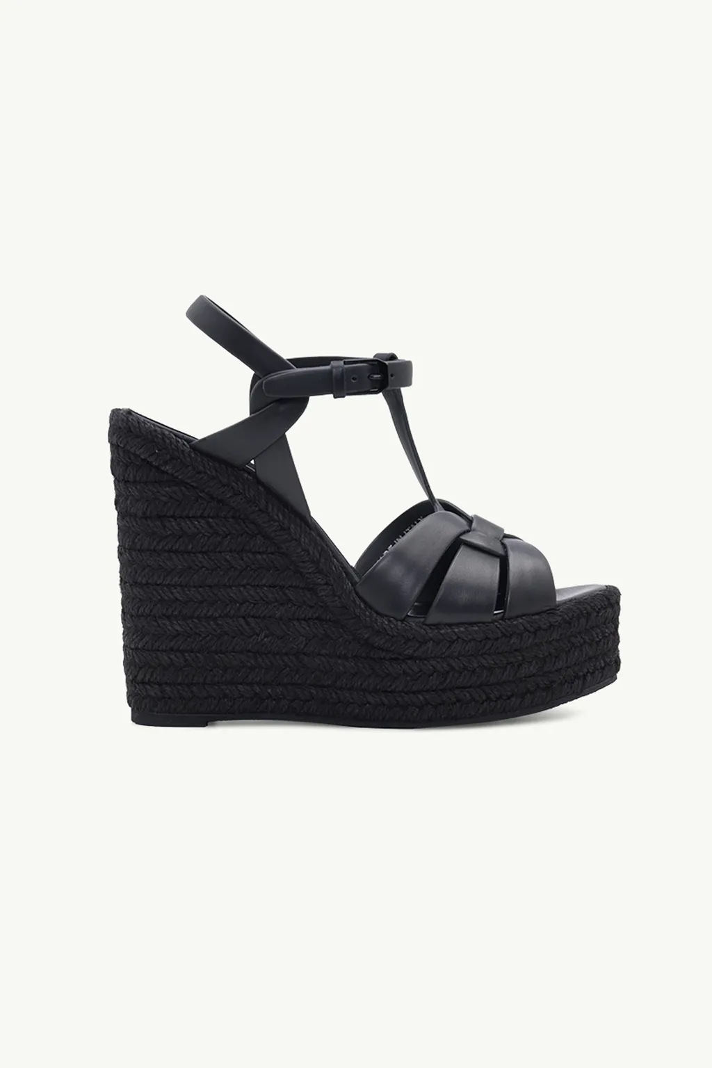 SAINT LAURENT Espadrille 12cm T-Strap Wedge Sandals in Black Calf 0