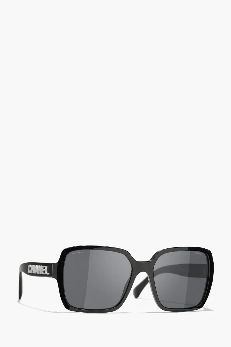 CHANEL Square Sunglasses in Black/Grey/White Acetate with Logo 2