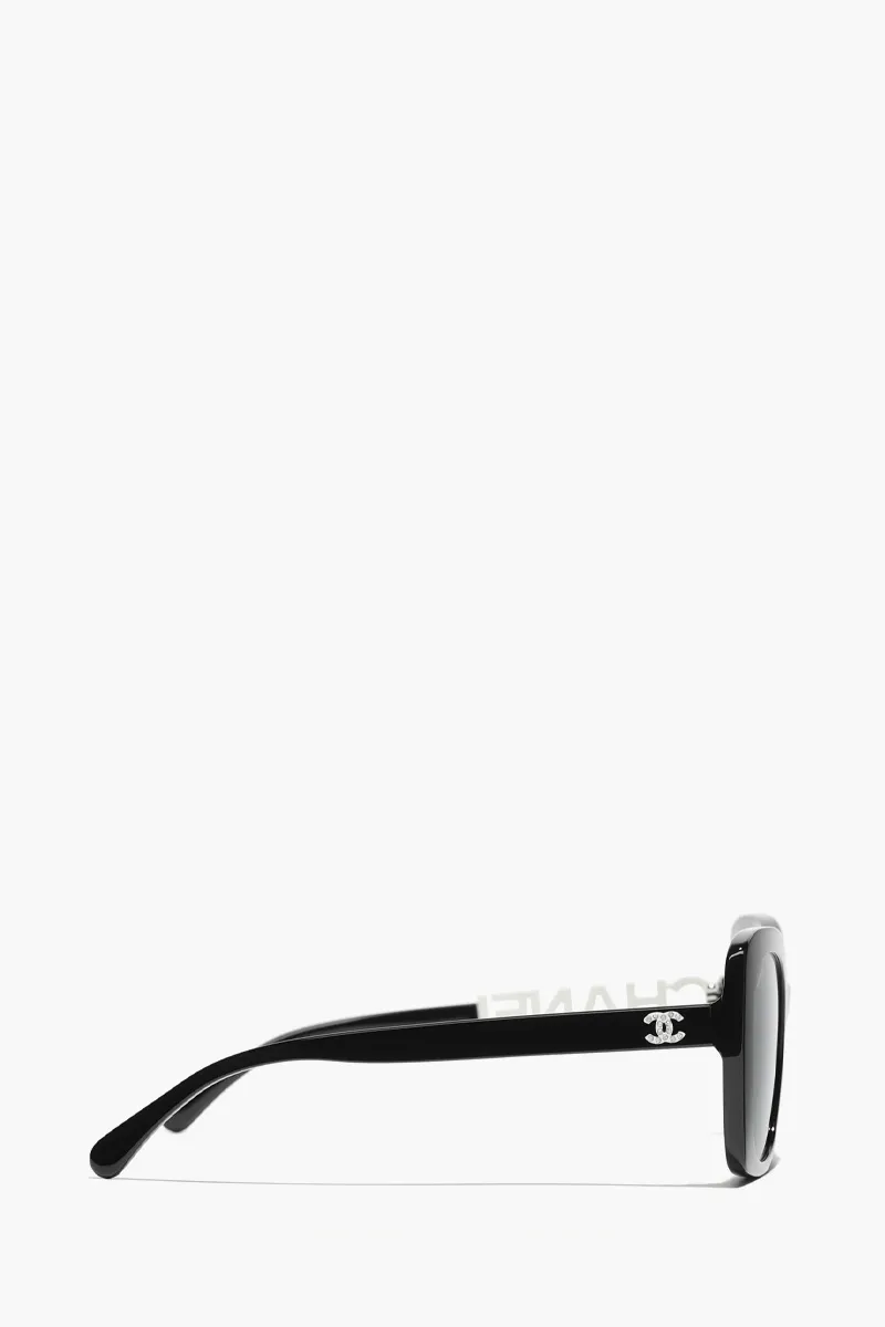CHANEL Square Sunglasses in Black/Grey Acetate with Rhinestone Logo 1