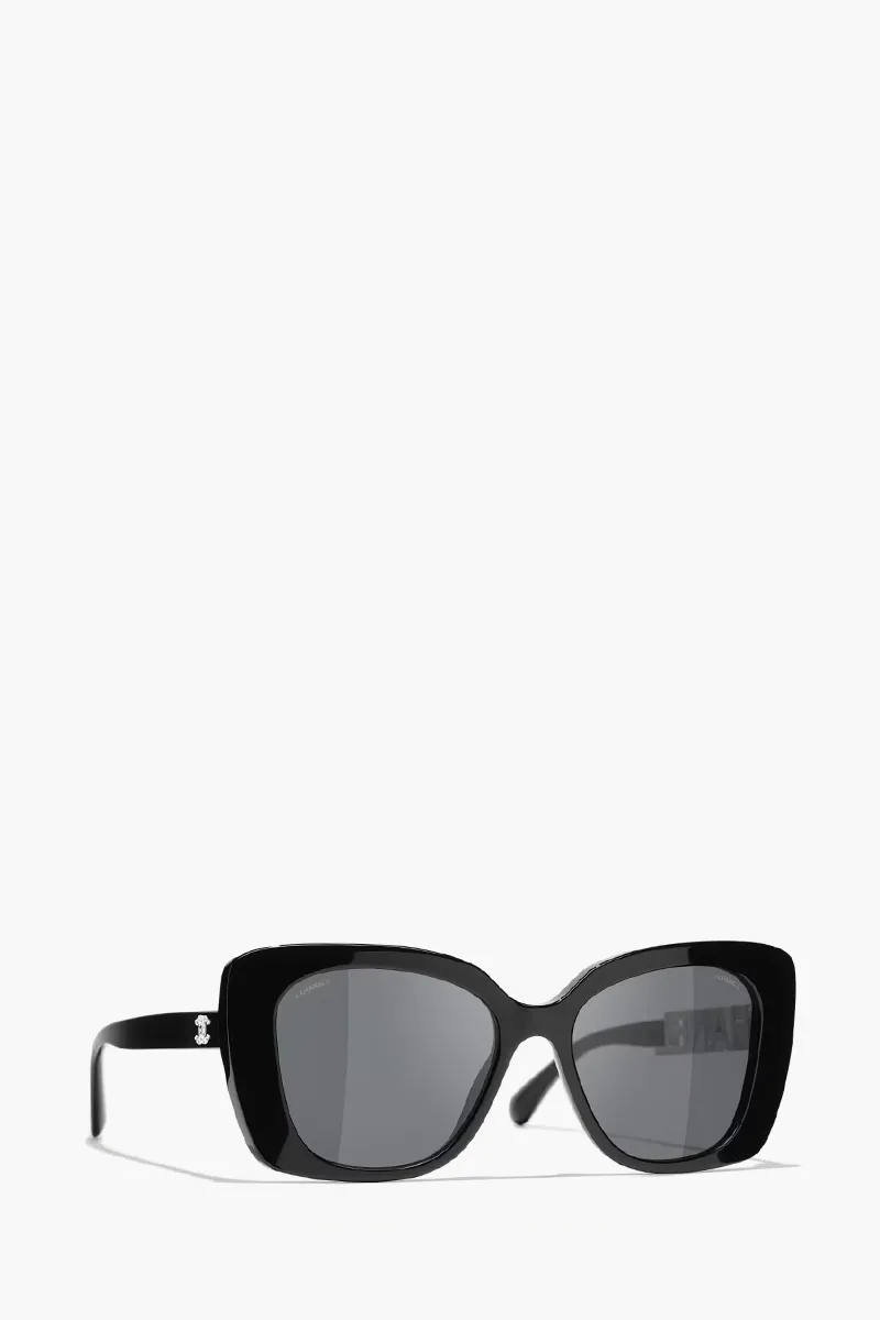 CHANEL Square Sunglasses in Black/Grey Acetate with Rhinestone Logo 2