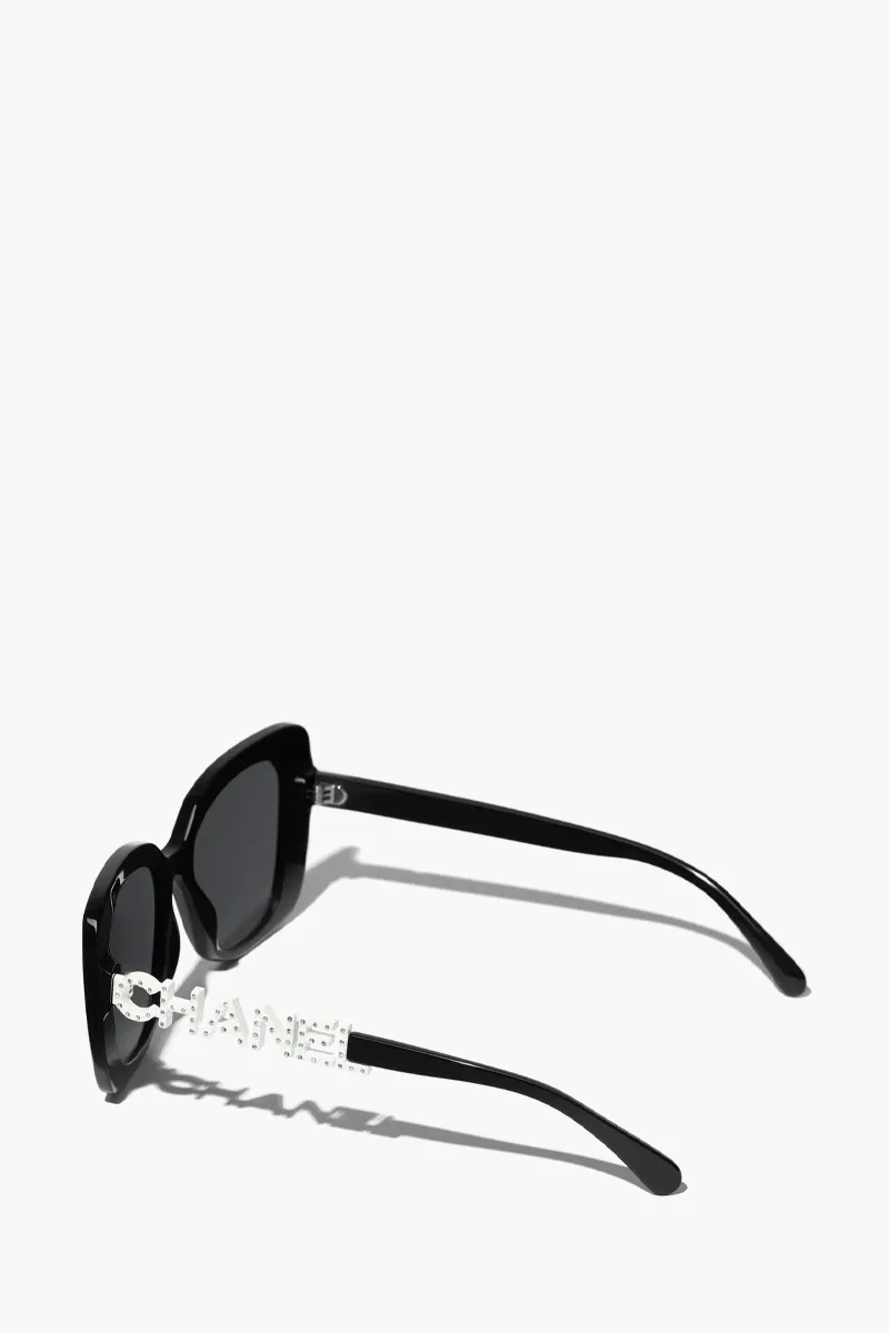 CHANEL Square Sunglasses in Black/Grey Acetate with Rhinestone Logo 3