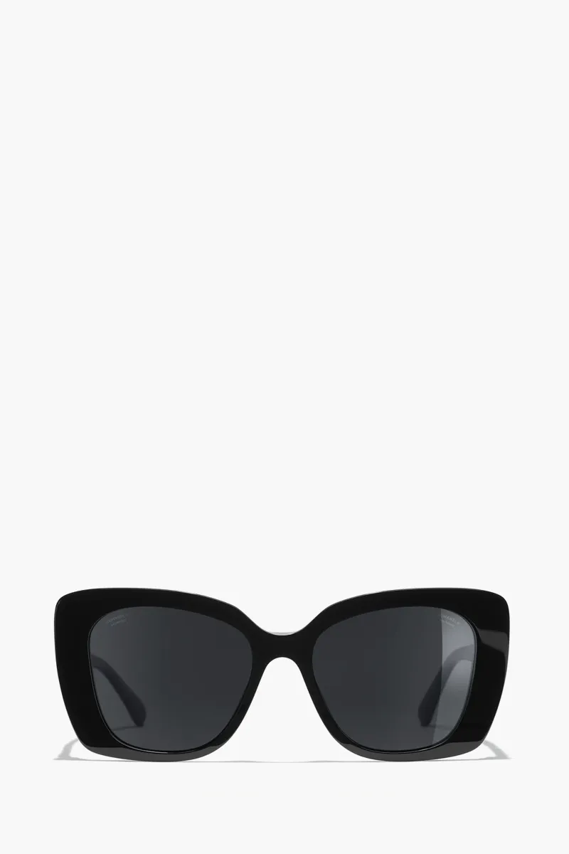 CHANEL Square Sunglasses in Black/Grey/Polarized Acetate with Rhinestone Logo 0