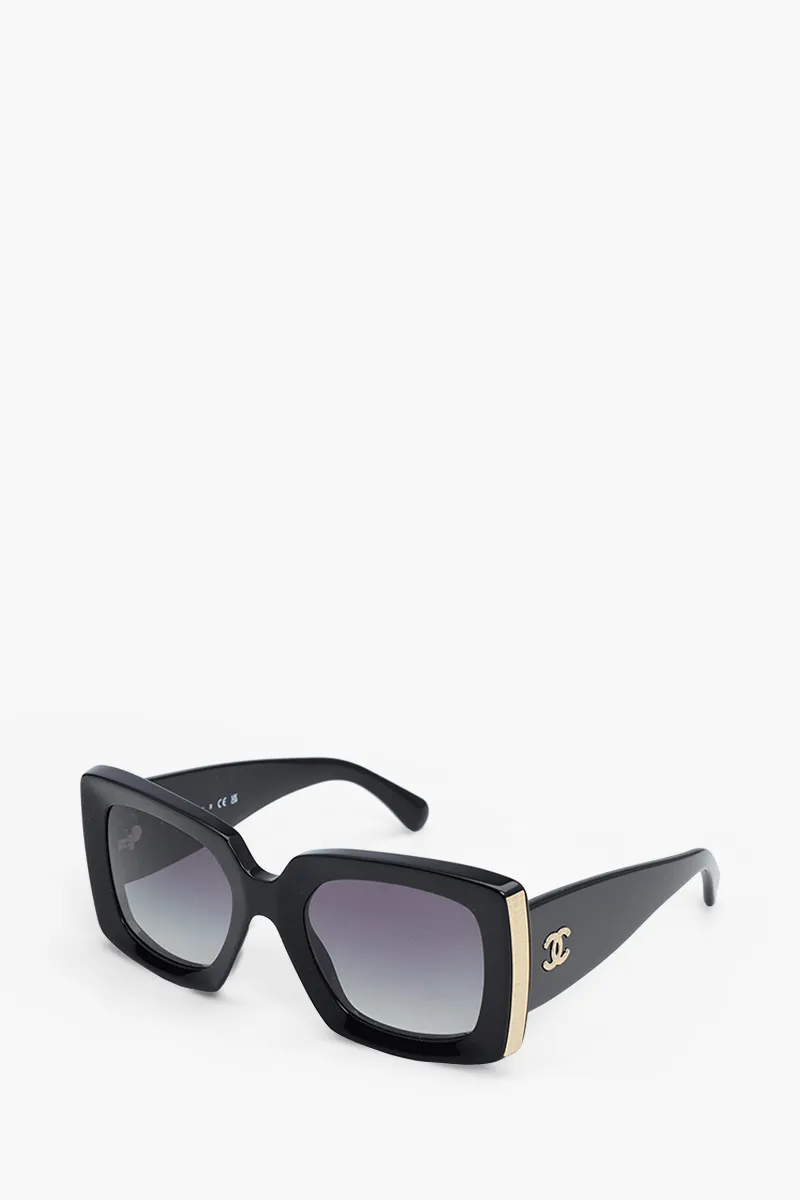 CHANEL Rectangular Gold Metals Sunglasses in Black/Gold Acetate with CC Logo  2