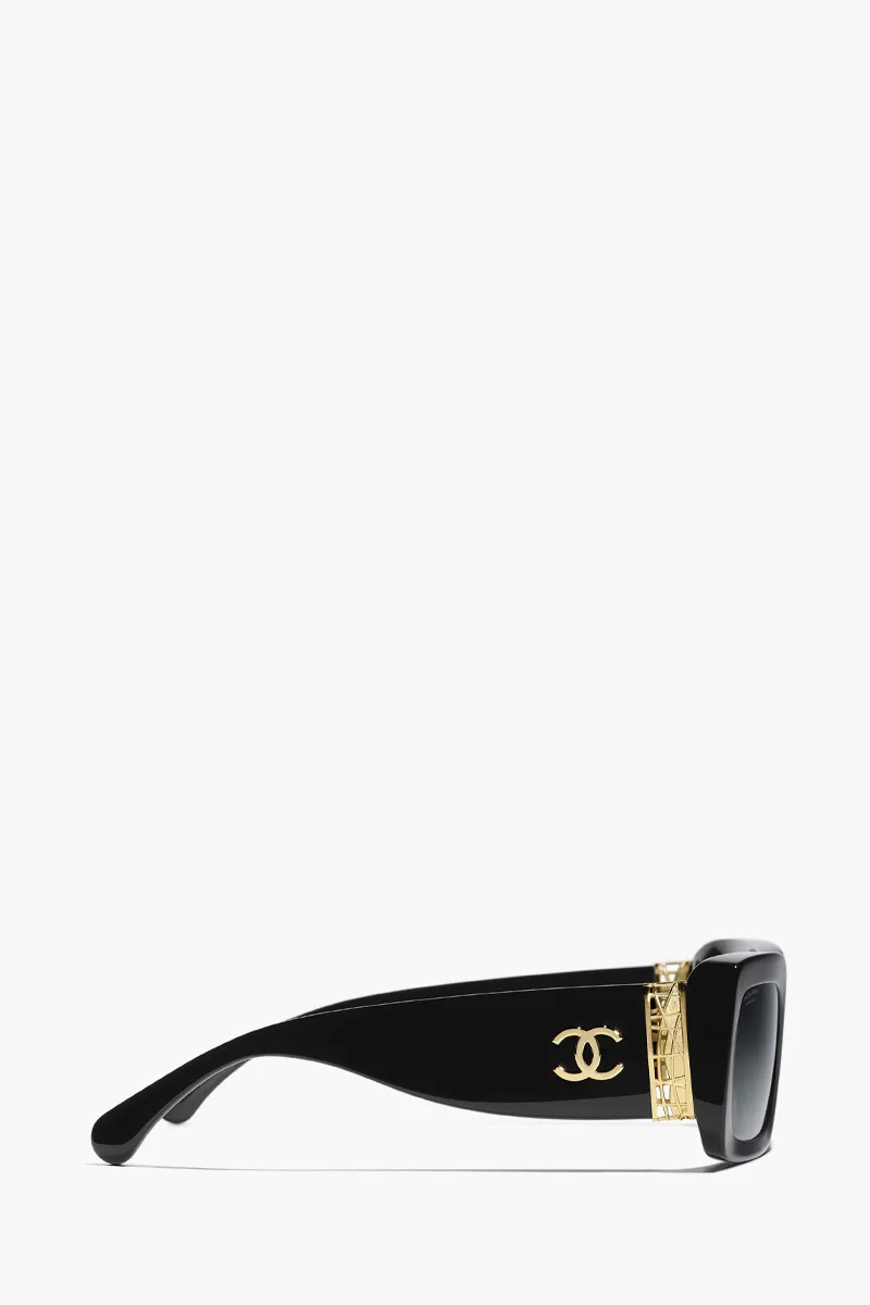 CHANEL Rectangular Sunglasses in Black/Grey/Gold Acetate and Metal 1