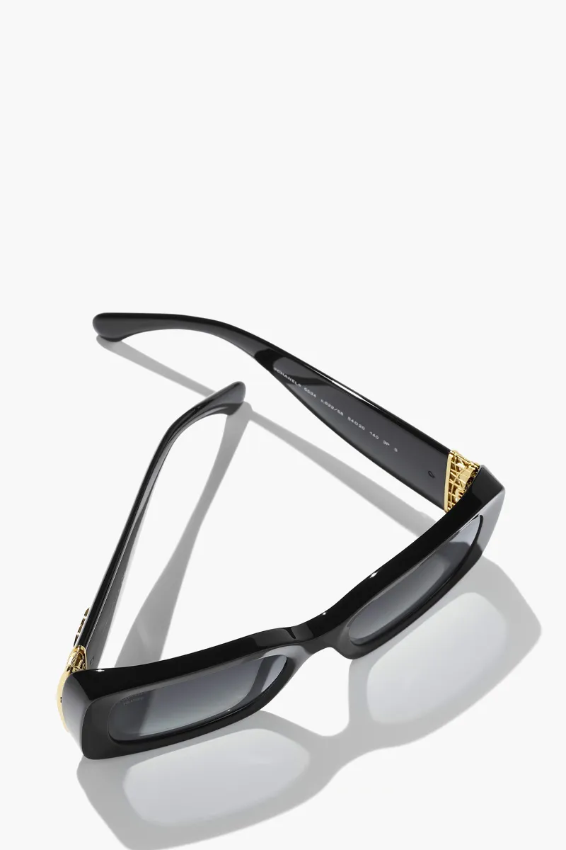 CHANEL Rectangular Sunglasses in Black/Grey/Gold Acetate and Metal 3
