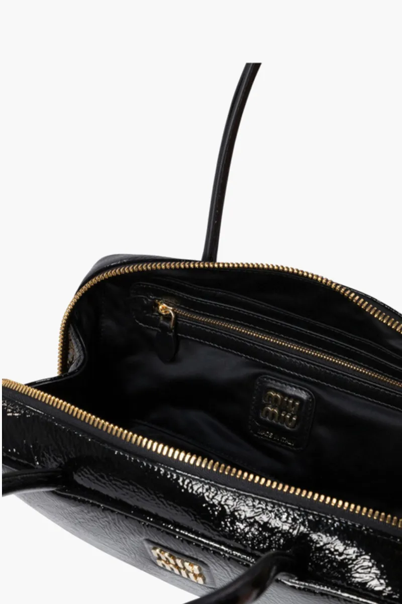 MIU MIU Beau Top Handle Bag in Black Naplak Patent Leather GHW 3