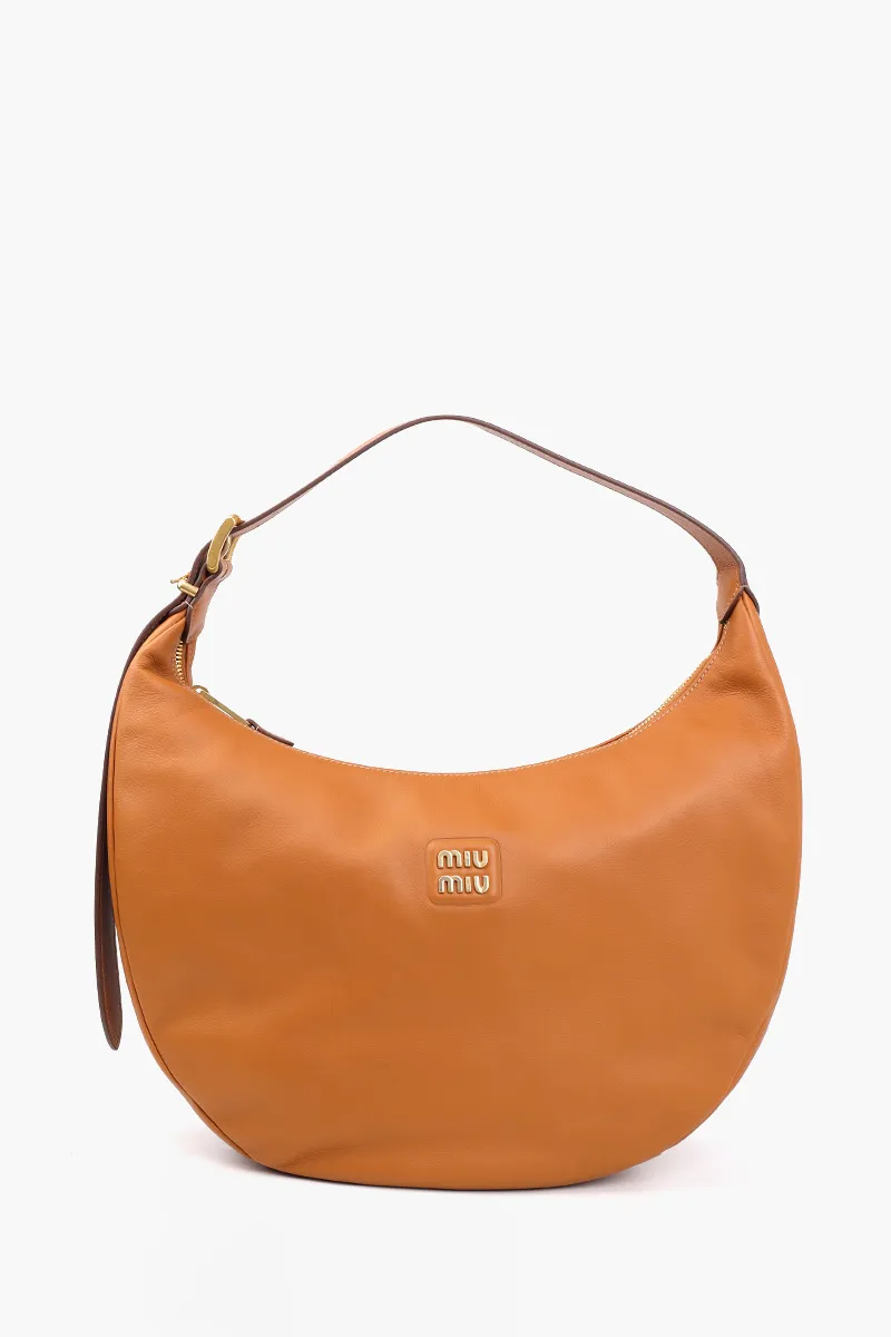 MIU MIU Logo-Plaque Zipped Shoulder Bag in Cognac Calfskin Leather 0