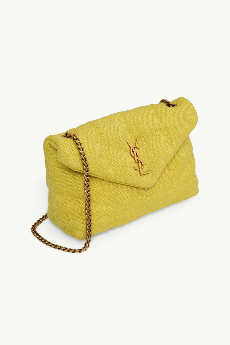SAINT LAURENT Puffer Toy Shoulder Bag in Lemon Pie Canvas x Smooth Leather with Bronze Hardware 2
