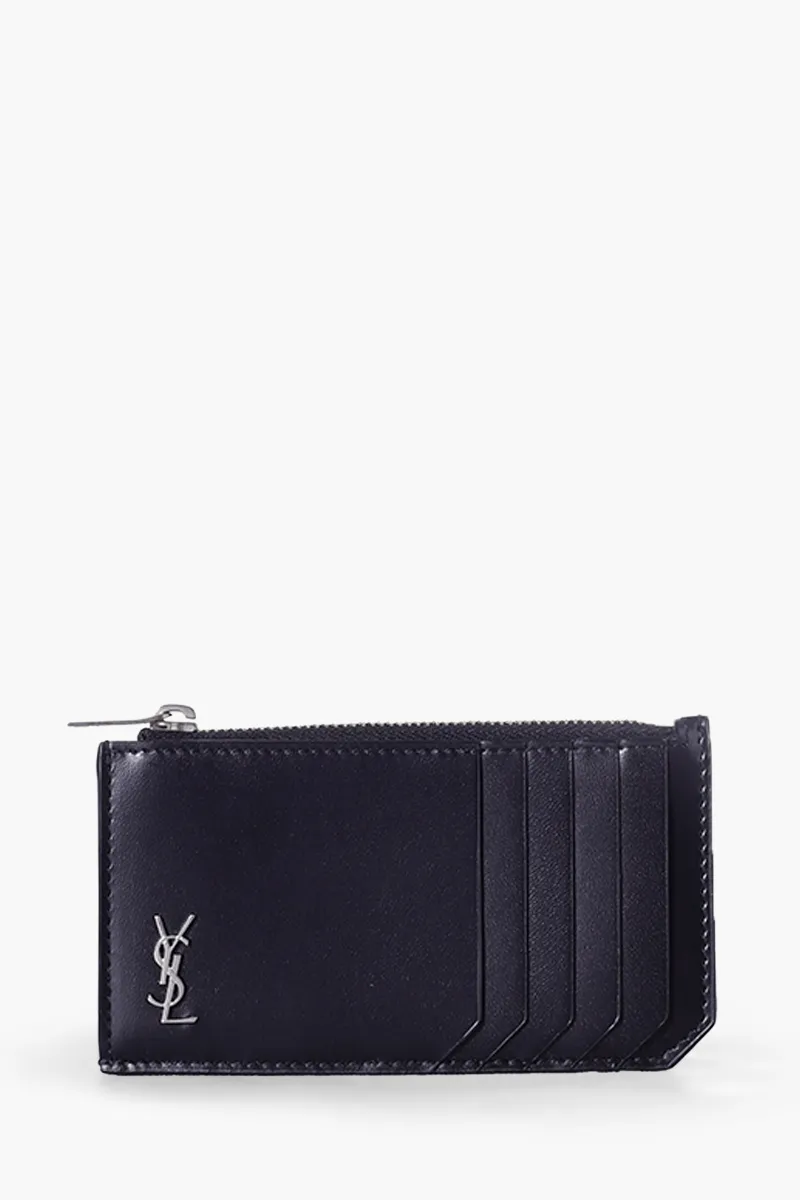 SAINT LAURENT Tiny Monogram Zipped Card Case in Black Matte Calf Leather SHW 0