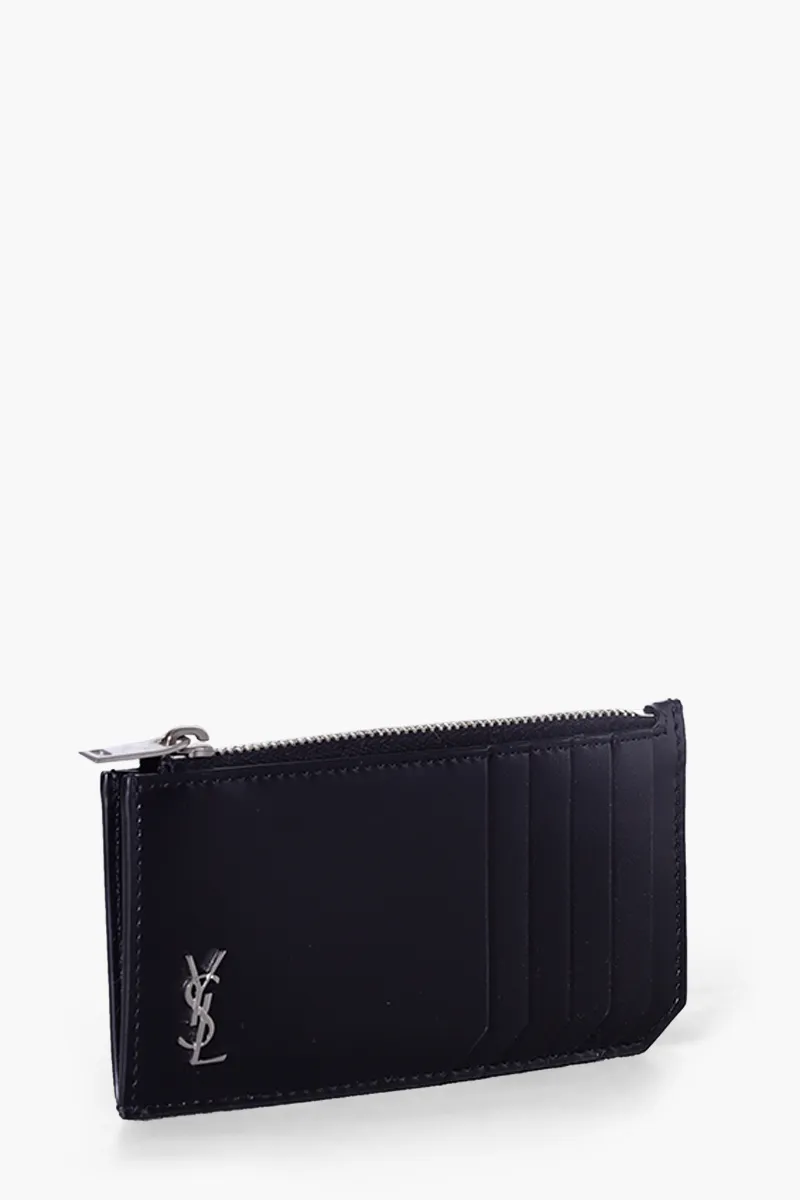 SAINT LAURENT Tiny Monogram Zipped Card Case in Black Matte Calf Leather SHW 2
