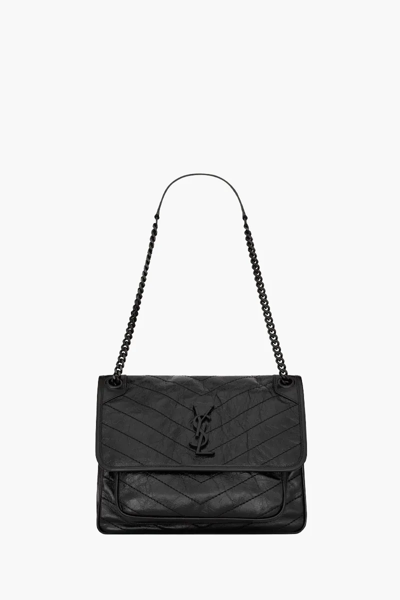 SAINT LAURENT Medium Monogram Niki Shoulder Bag in Black Vintage Crinkled Leather BHW 0