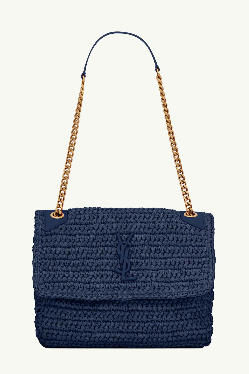 SAINT LAURENT Medium Monogram Niki Shoulder Bag in Vivid Blue Raffia x Leather with Bronze Hardware 0