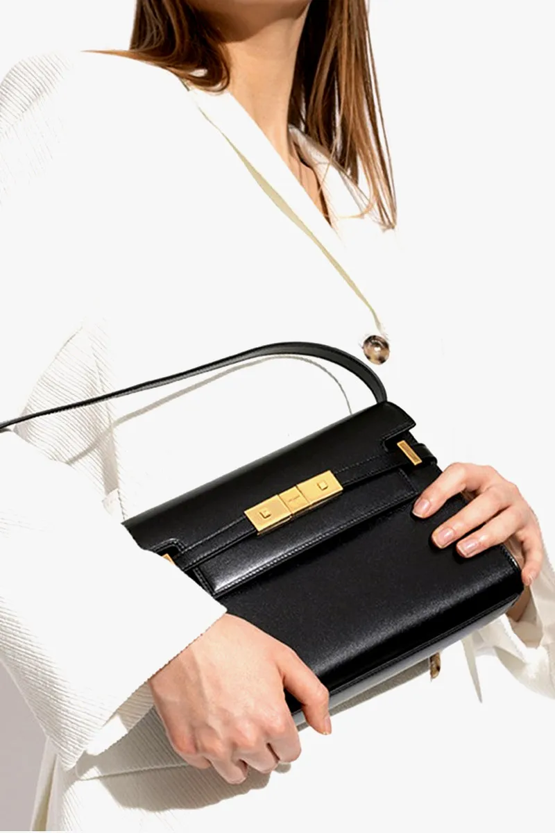SAINT LAURENT Small Manhattan Shoulder Bag in Black Calfskin Leather Bronze Hardware 3