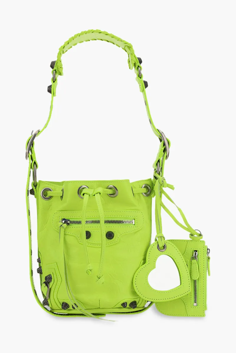 BALENCIAGA Le Cagole XS Bucket Bag in Fluo Yellow Arena Lambskin SHW 0