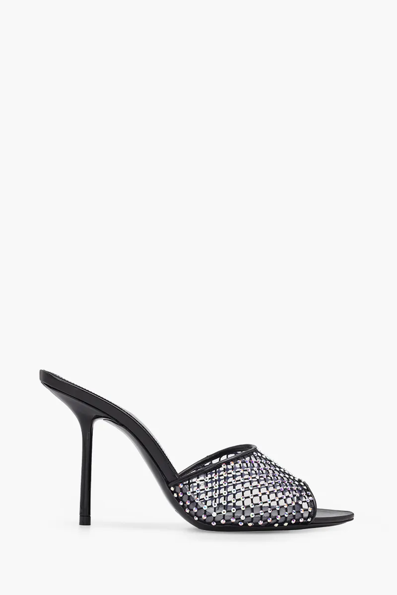 SAINT LAURENT Luz Pointed Peep-Toe Mules 9.5cm in Black Mesh with Rhinestones 0