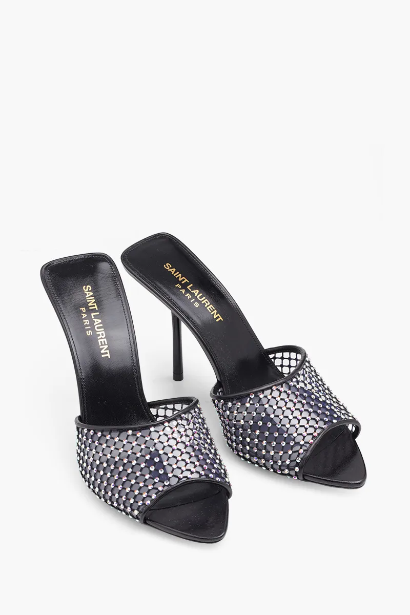 SAINT LAURENT Luz Pointed Peep-Toe Mules 9.5cm in Black Mesh with Rhinestones 1