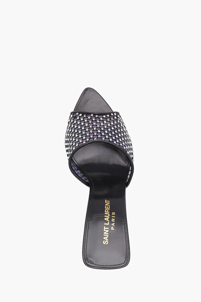 SAINT LAURENT Luz Pointed Peep-Toe Mules 9.5cm in Black Mesh with Rhinestones 3