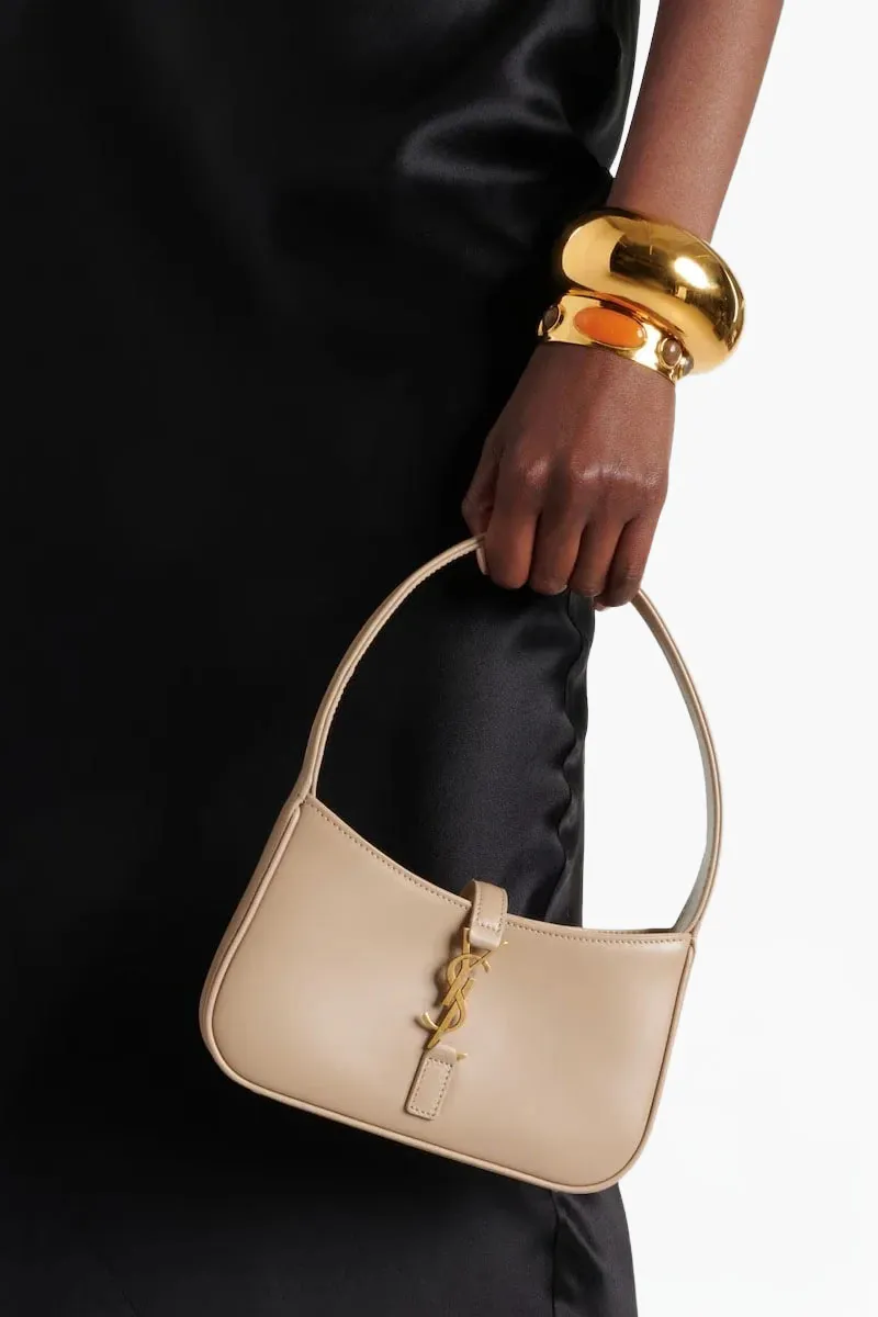 SAINT LAURENT Mini Le 5 A 7 Hobo Bag in Dark Beige Smooth Leather Bronze Hardware 3