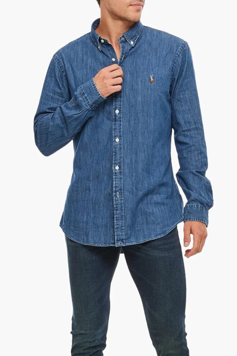 POLO RALPH LAUREN Men Logo Long-Sleeve Slim Fit Shirt in Denim Cotton 1