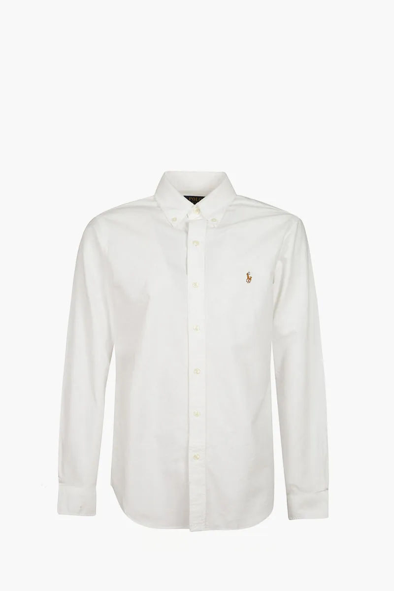 POLO RALPH LAUREN Men Oxford Custom Fit Long Sleeves Shirt in White/Brown Cotton 0
