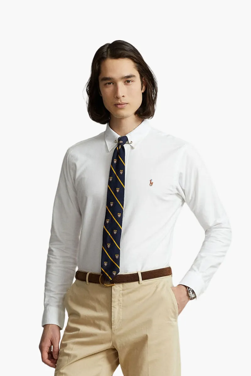 POLO RALPH LAUREN Men Oxford Custom Fit Long Sleeves Shirt in White/Brown Cotton 1