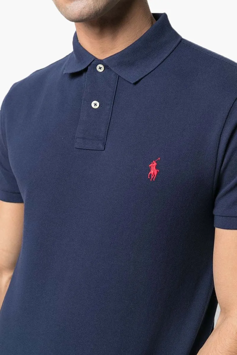 POLO RALPH LAUREN Men The Iconic Mesh Polo Shirt in New Port Navy/Red Cotton 3