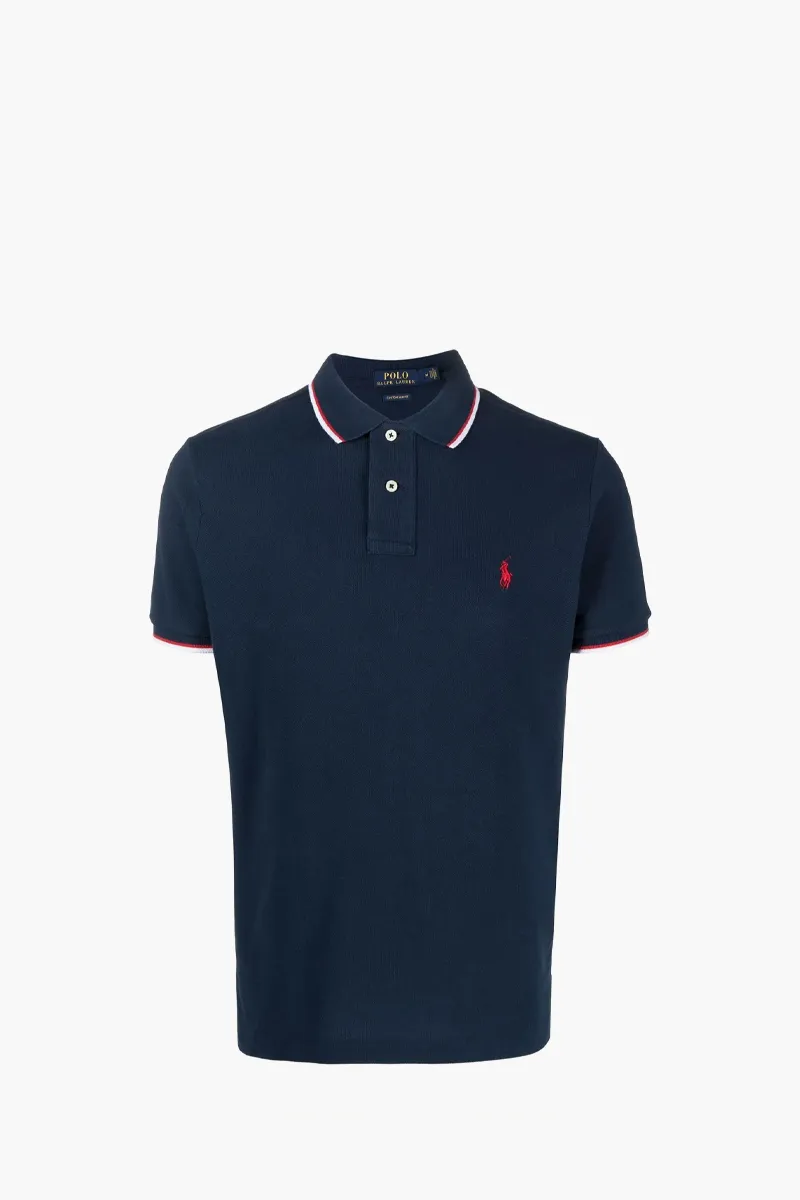 POLO RALPH LAUREN Men Slim Fit Mesh Polo Shirt In Newport Navy/Red Cotton 0