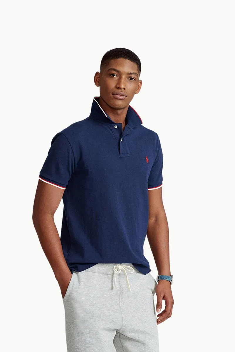 POLO RALPH LAUREN Men Slim Fit Mesh Polo Shirt In Newport Navy/Red Cotton 1