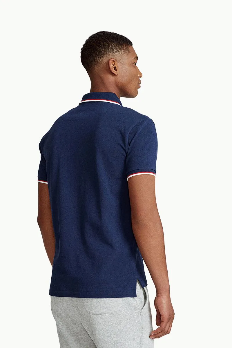 POLO RALPH LAUREN Men Slim Fit Mesh Polo Shirt In Newport Navy/Red Cotton 2