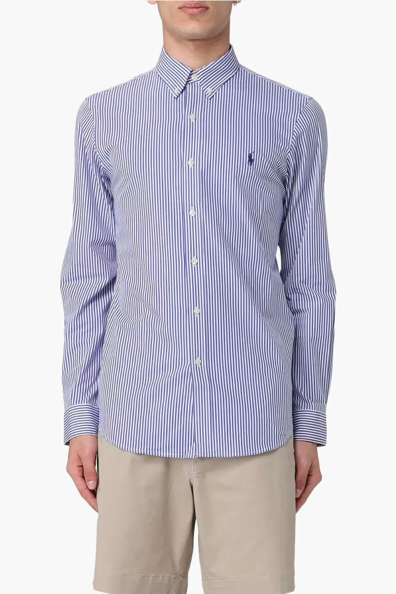 POLO RALPH LAUREN Men Logo Stretch Poplin Shirt in Blue/White Cotton 1