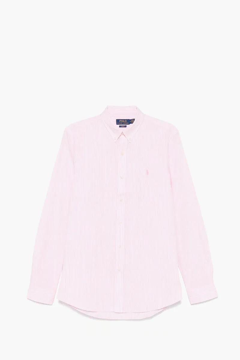 POLO RALPH LAUREN Men Striped Stretch Poplin Shirt in Camel Pink/White Cotton 0