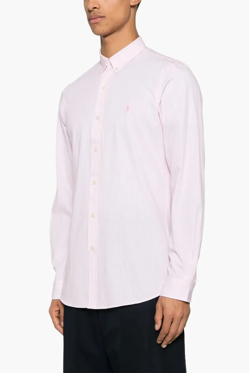 POLO RALPH LAUREN Men Striped Stretch Poplin Shirt in Camel Pink/White Cotton 1