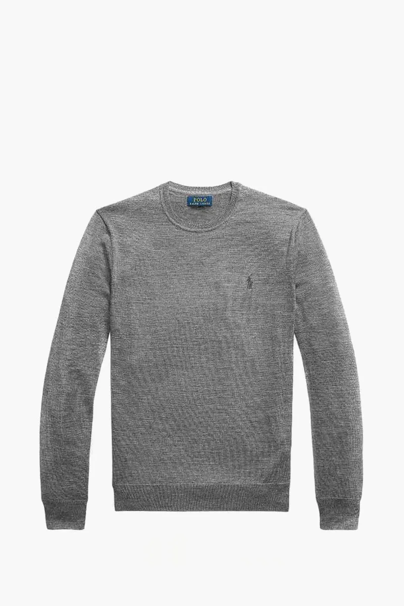POLO RALPH LAUREN Men Embossed Logo Crew Neck Slim Fit Sweater in Grey Wool 0
