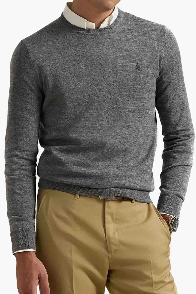 POLO RALPH LAUREN Men Embossed Logo Crew Neck Slim Fit Sweater in Grey Wool 1
