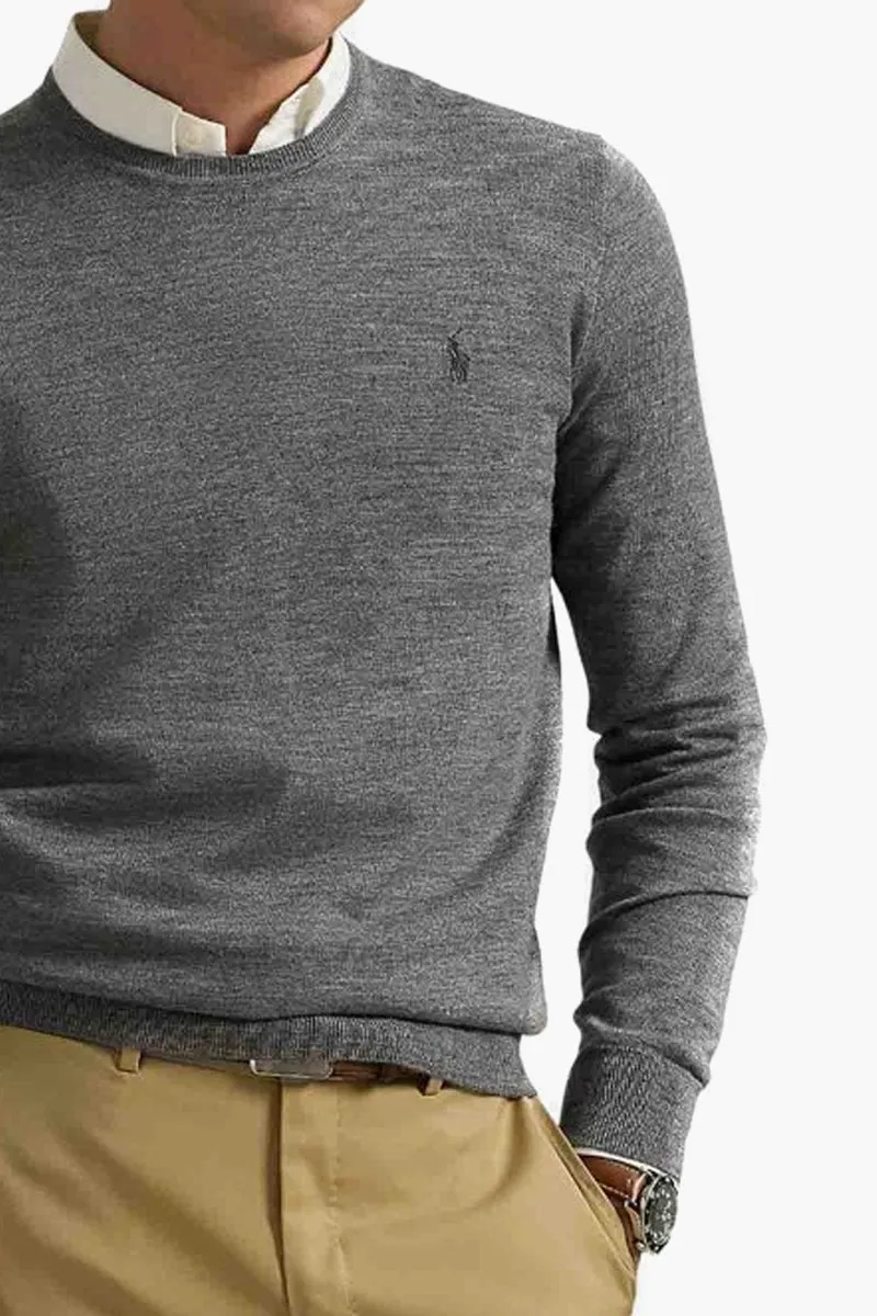 POLO RALPH LAUREN Men Embossed Logo Crew Neck Slim Fit Sweater in Grey Wool 3