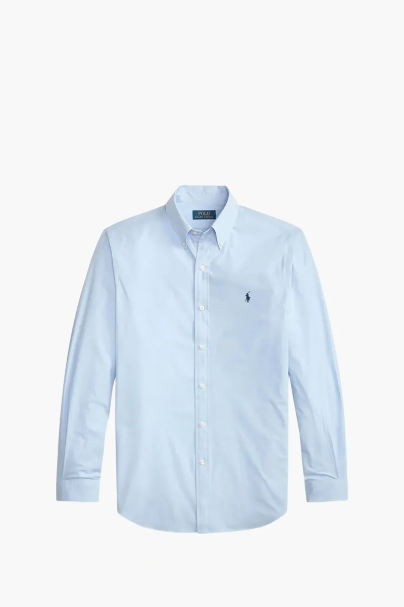 POLO RALPH LAUREN Men Stretch Custom Fit Poplin Shirt in Cabana Blue White Cotton 0