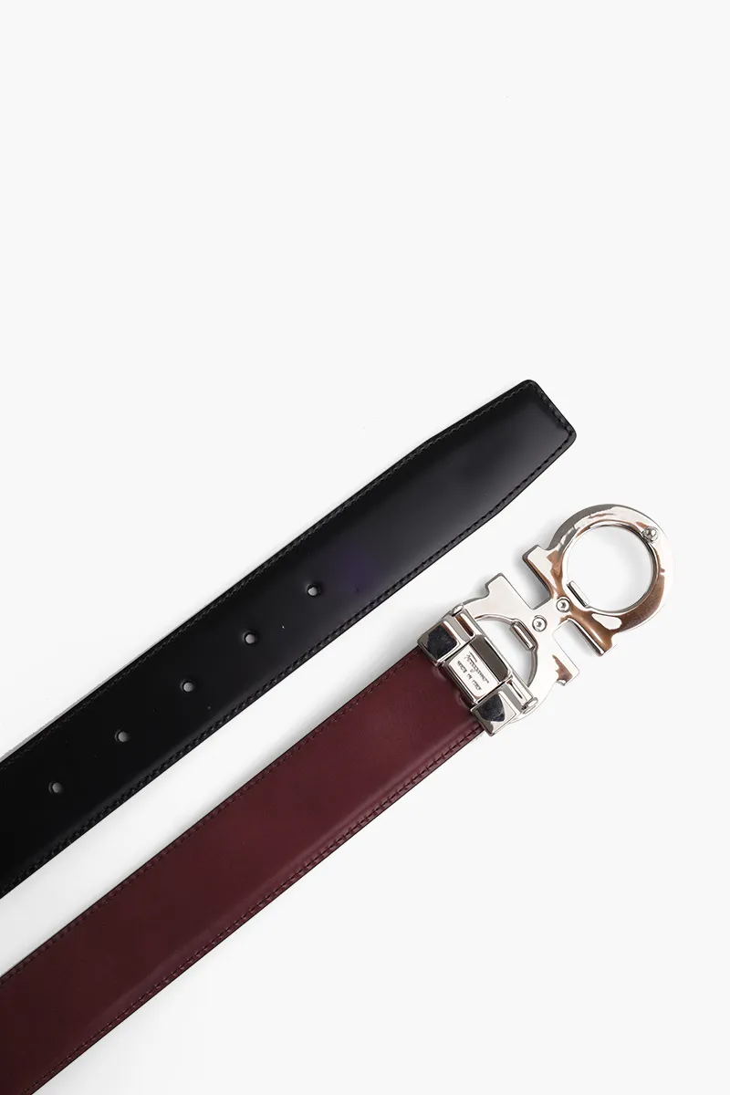 FERRAGAMO Men Reversible Gancini Belt 4cm in Black/Fog Smooth Calfskin with Crystaks on Buckle 4