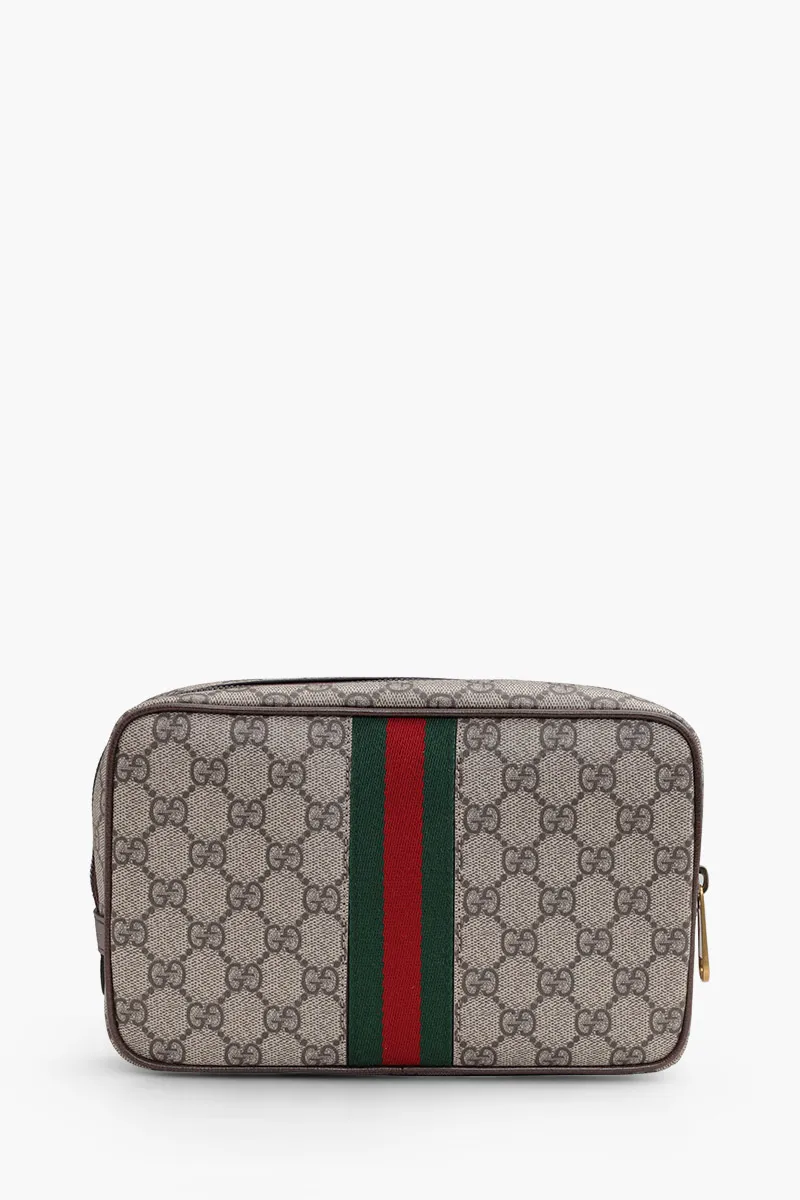 GUCCI GG Supreme Savoy Toiletry Bag in Beige/Ebony/Brown with Web Stripe 1