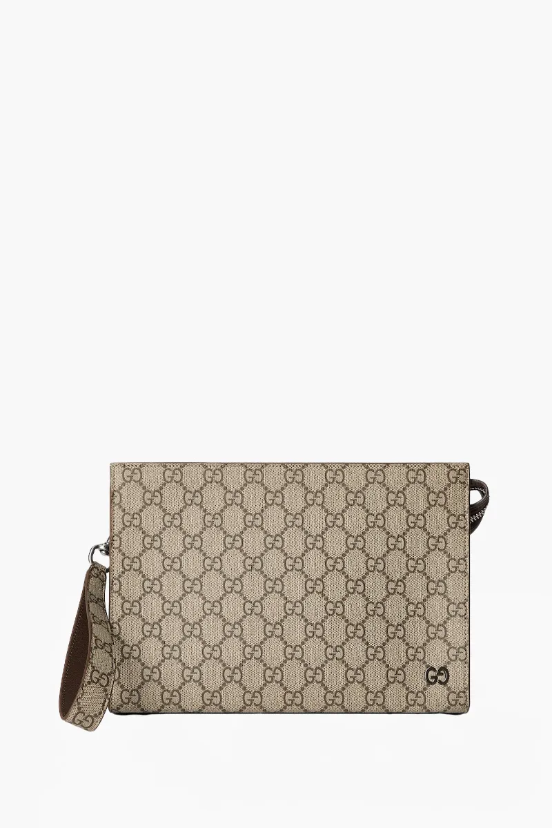 GUCCI GG Supreme Pouch in Beige/Ebony/Brown Canvas with Detachable Wrist Strap 0