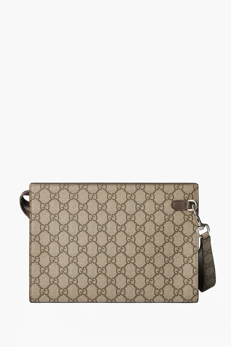 GUCCI GG Supreme Pouch in Beige/Ebony/Brown Canvas with Detachable Wrist Strap 2