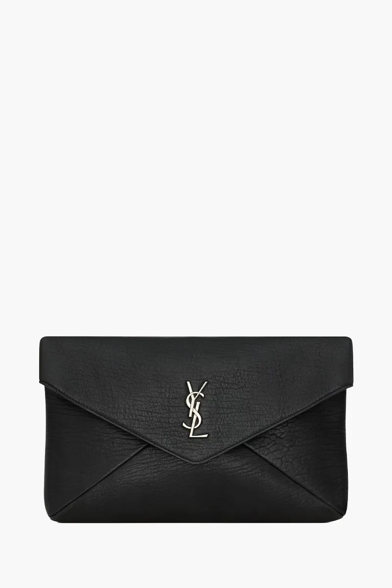 SAINT LAURENT Large Cassandre Envelope Clutch Bag in Black SHW Textured Lambskin 0