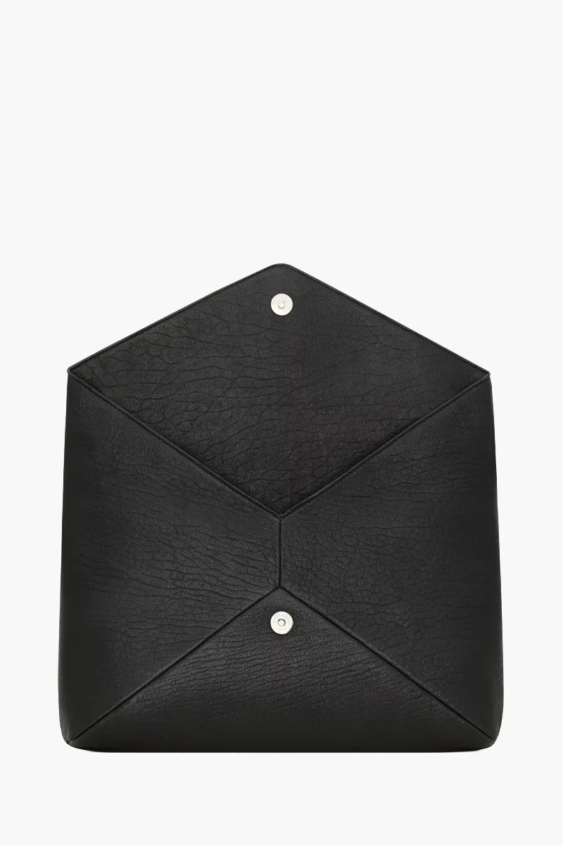 SAINT LAURENT Large Cassandre Envelope Clutch Bag in Black SHW Textured Lambskin 3