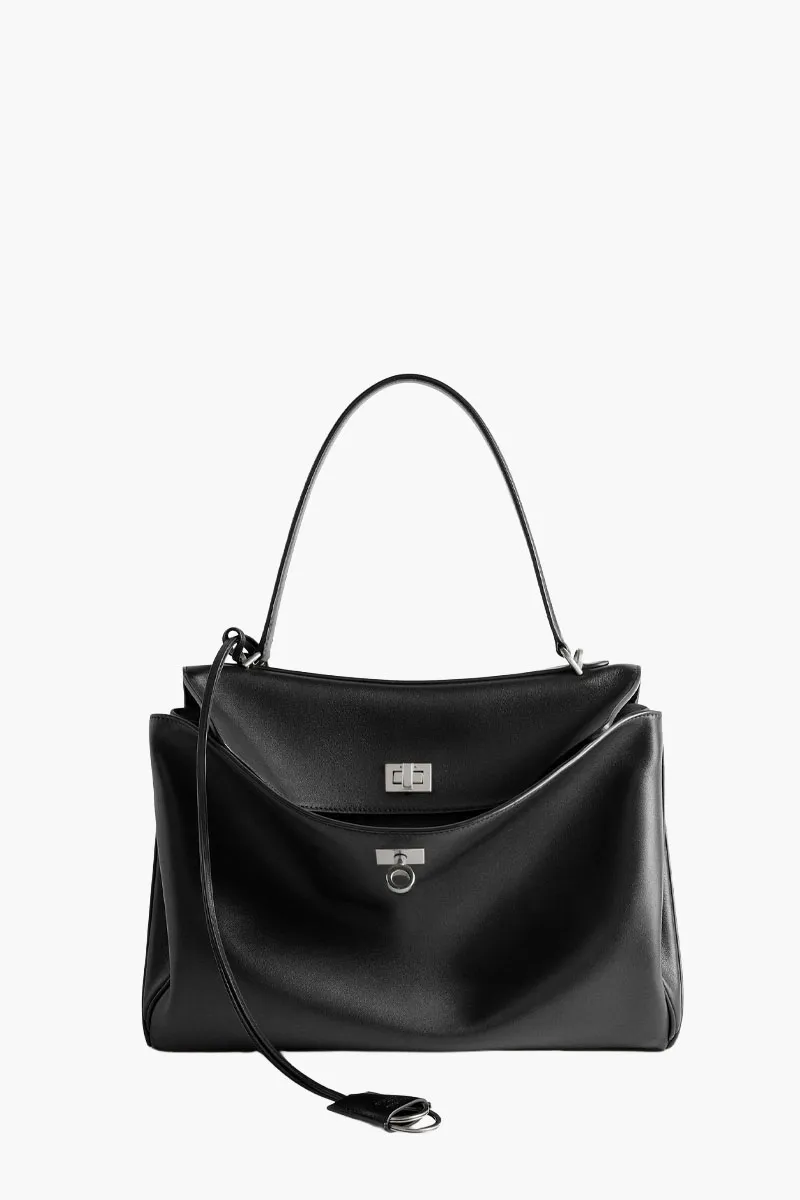 BALENCIAGA Medium Rodeo Handbag in Black Smooth Calfskin SHW 0