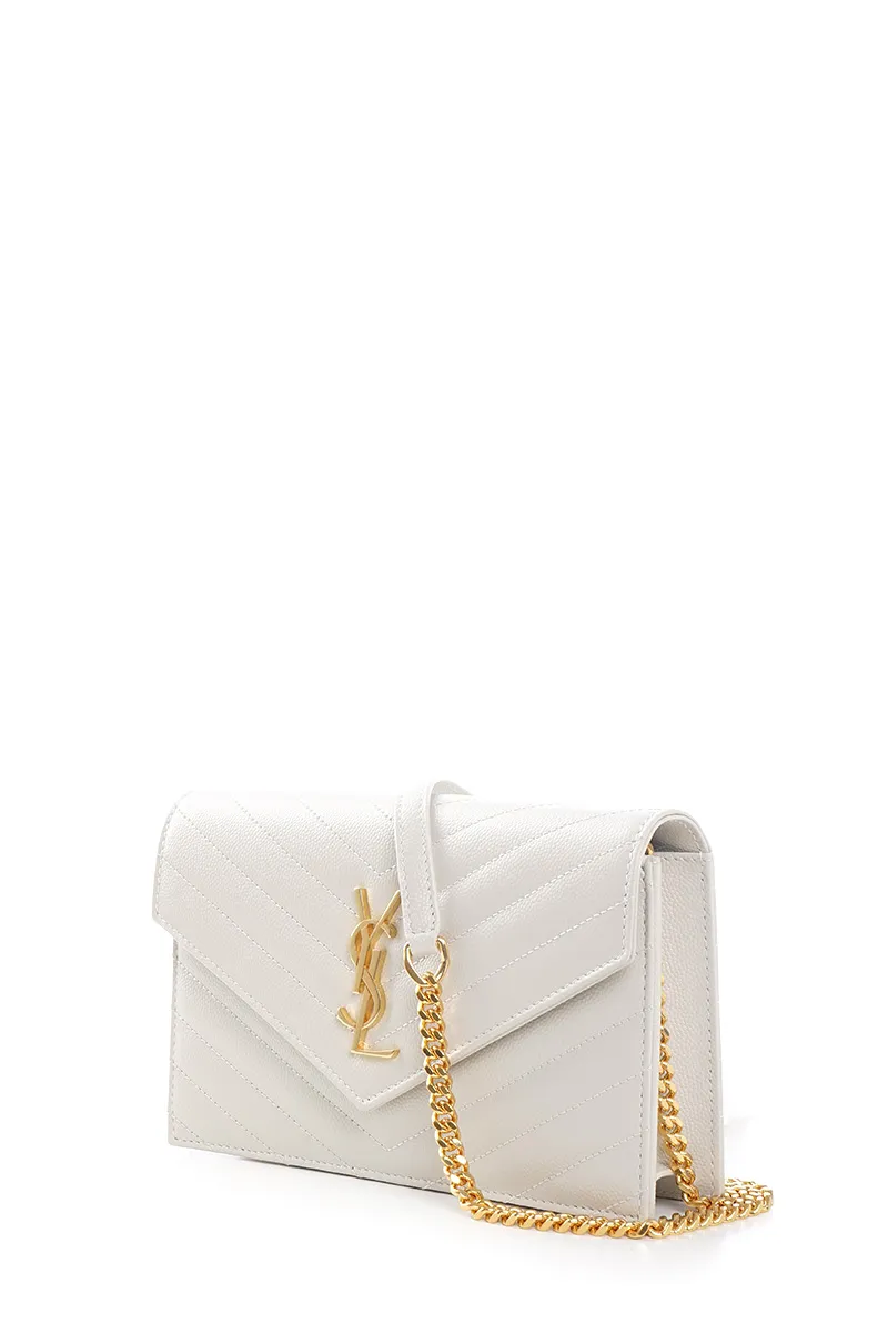 SAINT LAURENT Cassandre Envelope Wallet On Chain 19cm in White Caviar Leather GHW 1