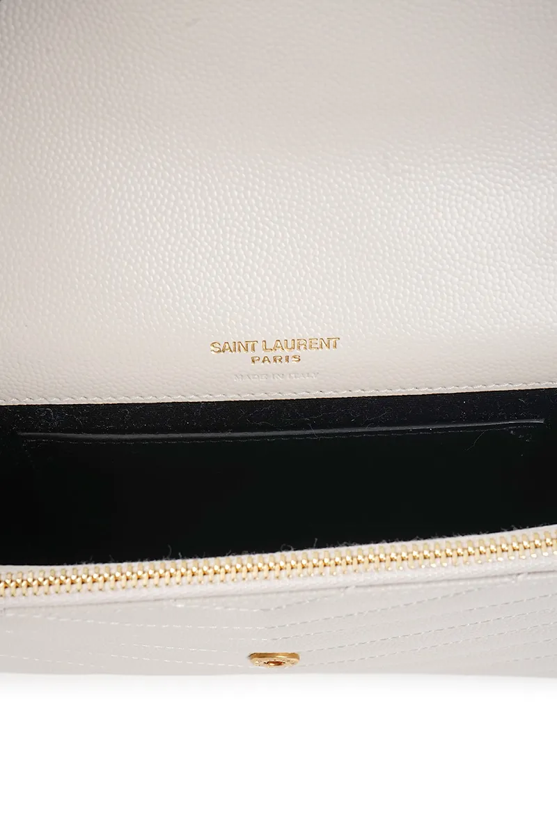 SAINT LAURENT Cassandre Envelope Wallet On Chain 19cm in White Caviar Leather GHW 3