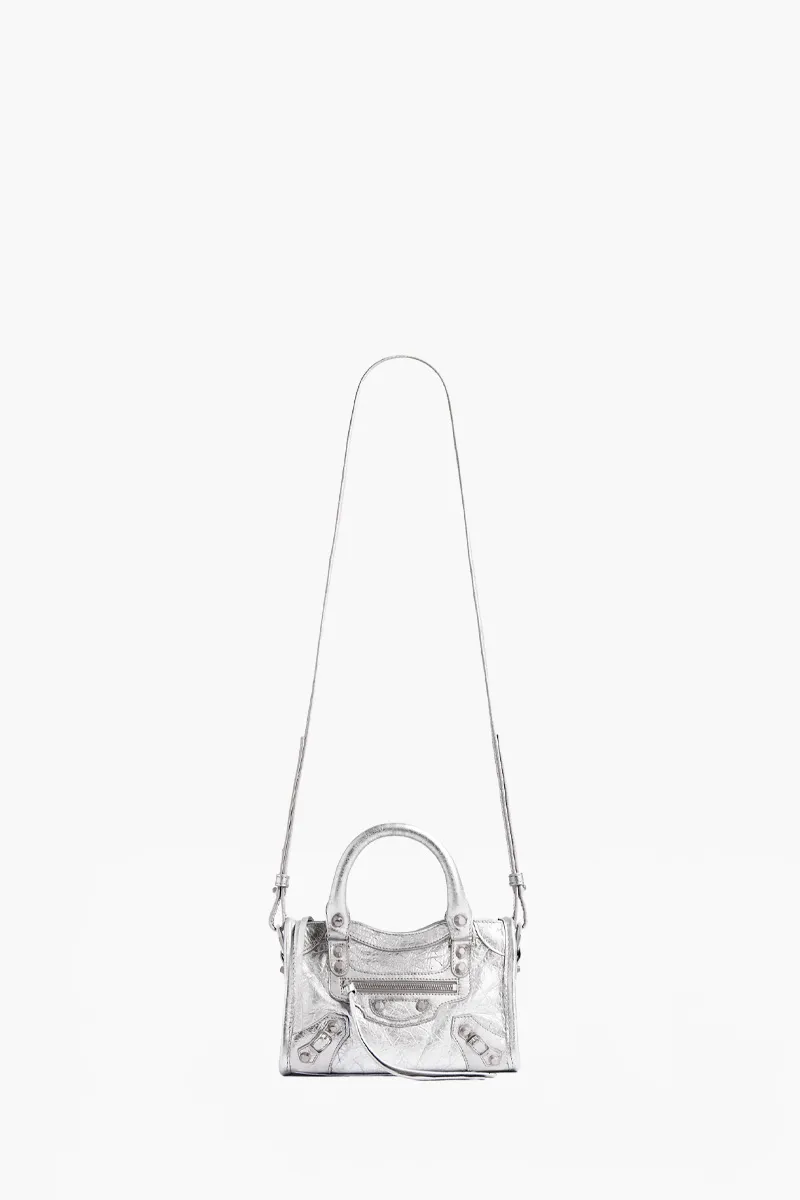 BALENCIAGA Nano Le City Shoulder Bag in Silver Arena Lambskin SHW 3